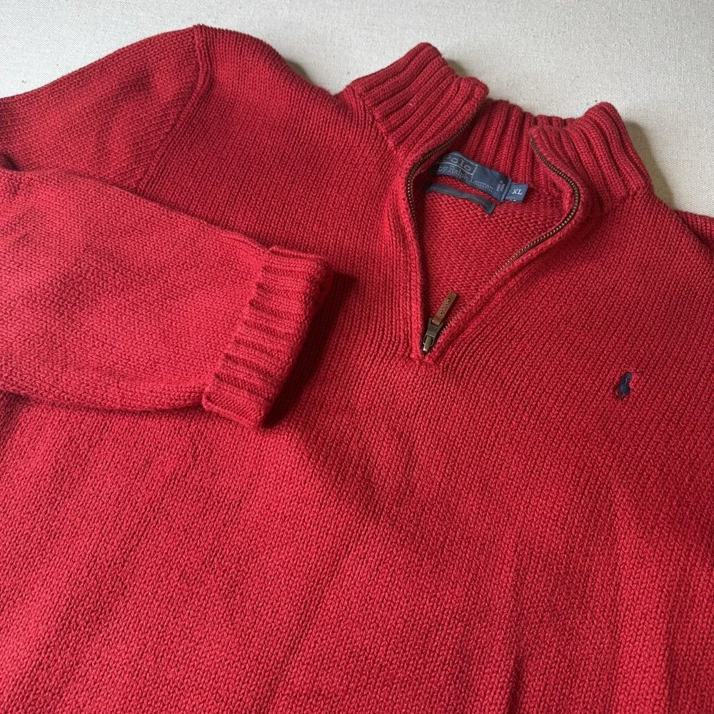 Polo Ralph Lauren Mens Red 1/4 Zip Pullover Tight Knit Sweater XL 100% Cotton